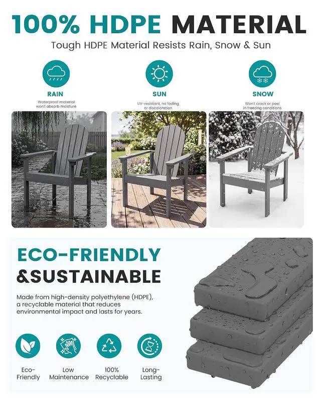 Alt view image 4 of 7 - Stackable Modern Adirondack Chair, HDPE Outdoor Patio Chair with Space-Saving Design, All-Weather Fire Pit Chair with Widened Seat for Deck, Backyard, Garden, Lawn (Grey)
