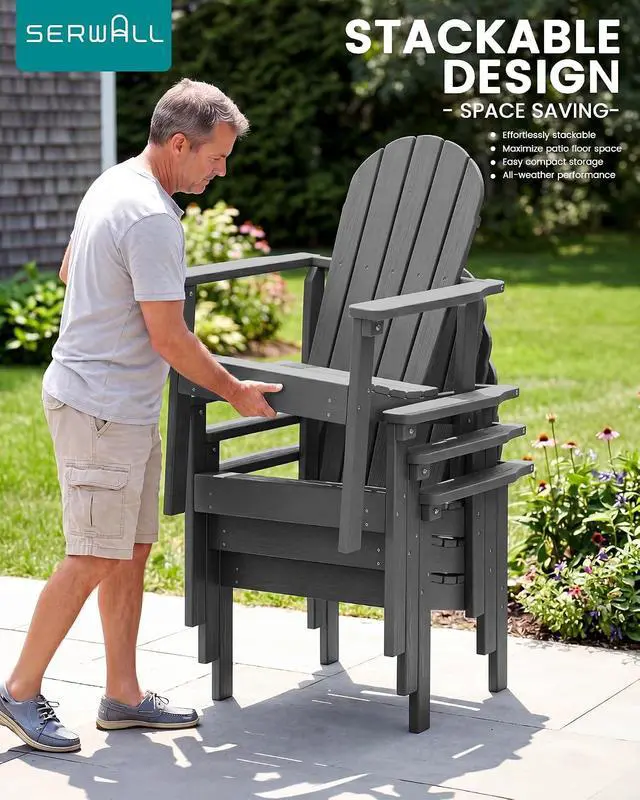 Alt view image 6 of 7 - Stackable Modern Adirondack Chair, HDPE Outdoor Patio Chair with Space-Saving Design, All-Weather Fire Pit Chair with Widened Seat for Deck, Backyard, Garden, Lawn (Grey)