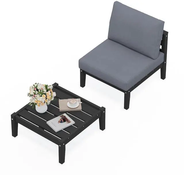 Main image of HDPE Patio Furniture Set, 2 Pieces Outdoor Sectional Sofa Set, All-Weather Wood-Like Outdoor Sofa Couch with Coffee Table for Deck, Lawn, Black Frame with Grey Cushion