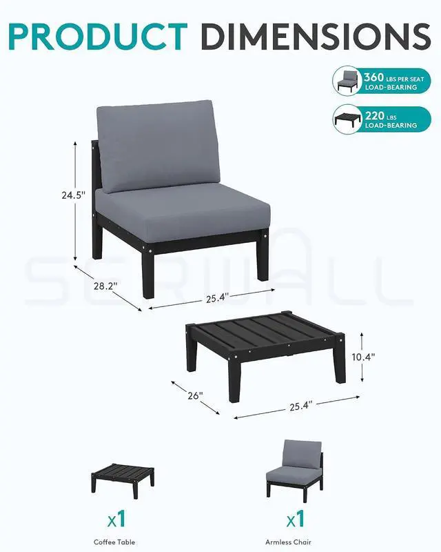Alt view image 2 of 7 - HDPE Patio Furniture Set, 2 Pieces Outdoor Sectional Sofa Set, All-Weather Wood-Like Outdoor Sofa Couch with Coffee Table for Deck, Lawn, Black Frame with Grey Cushion
