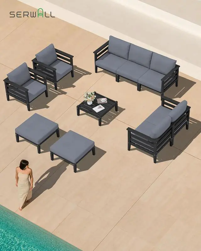 Alt view image 7 of 7 - HDPE Patio Furniture Set, 2 Pieces Outdoor Sectional Sofa Set, All-Weather Wood-Like Outdoor Sofa Couch with Coffee Table for Deck, Lawn, Black Frame with Grey Cushion