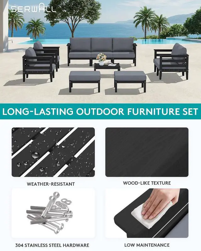 Alt view image 6 of 7 - HDPE Patio Furniture Set, 2 Pieces Outdoor Sectional Sofa Set, All-Weather Wood-Like Outdoor Sofa Couch with Coffee Table for Deck, Lawn, Black Frame with Grey Cushion