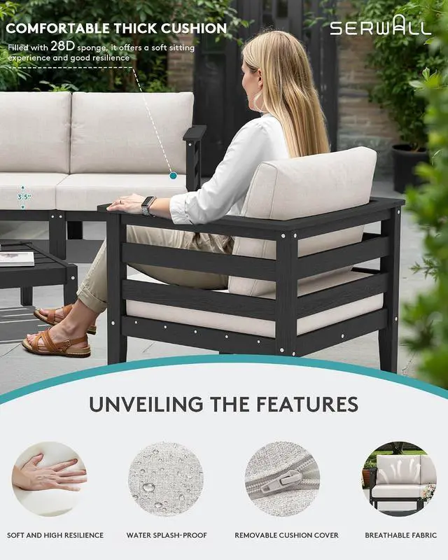 Alt view image 2 of 7 - HDPE Patio Furniture Set, 2 Pieces Outdoor Sectional Sofa Set, All-Weather Wood-Like Outdoor Loveseat for Deck, Lawn, Black Frame with Khaki Cushion