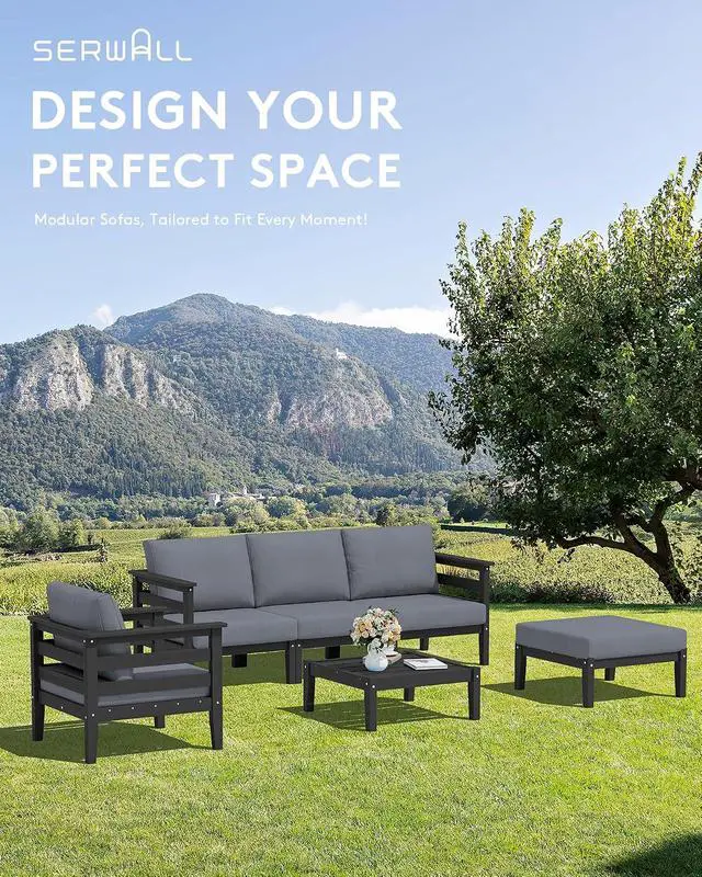 Alt view image 3 of 7 - HDPE Patio Furniture Set, 2 Pieces Outdoor Sectional Sofa Set, All-Weather Wood-Like Outdoor Sofa Couch with Coffee Table for Deck, Lawn, Black Frame with Grey Cushion
