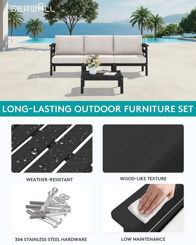 Alt view image 4 of 7 - HDPE Patio Furniture Set, 2 Pieces Outdoor Sectional Sofa Set, All-Weather Wood-Like Outdoor Loveseat for Deck, Lawn, Black Frame with Khaki Cushion