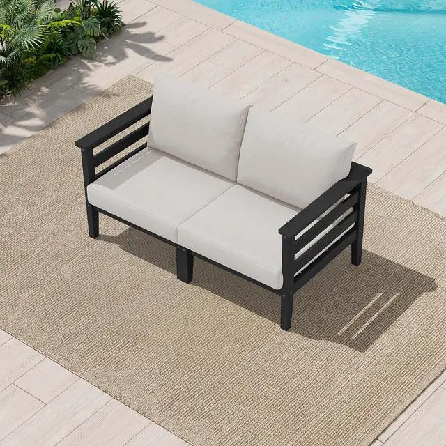 Main image of HDPE Patio Furniture Set, 2 Pieces Outdoor Sectional Sofa Set, All-Weather Wood-Like Outdoor Loveseat for Deck, Lawn, Black Frame with Khaki Cushion