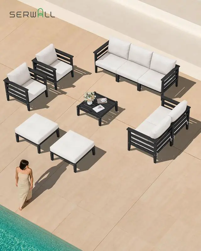 Alt view image 7 of 7 - HDPE Patio Furniture Set, 2 Pieces Outdoor Sectional Sofa Set, All-Weather Wood-Like Outdoor Loveseat for Deck, Lawn, Black Frame with Khaki Cushion