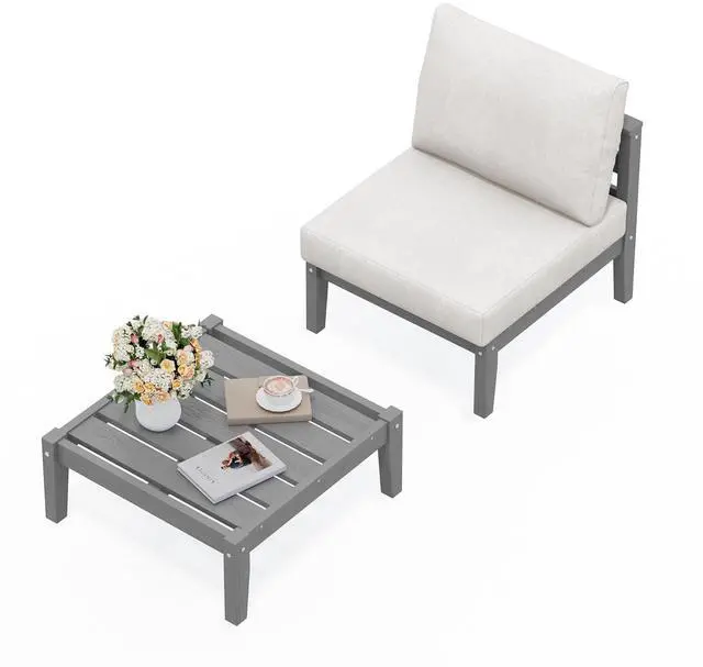 Main image of HDPE Patio Furniture Set, 2 Pieces Outdoor Sectional Sofa Set, All-Weather Wood-Like Outdoor Sofa Couch with Coffee Table for Deck, Lawn, Grey Frame with Khaki Cushion
