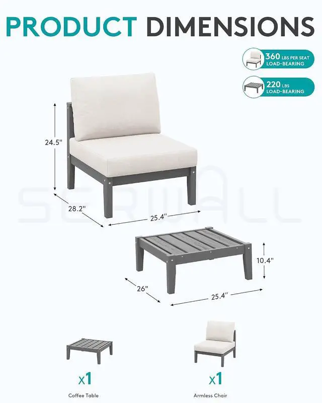Alt view image 2 of 7 - HDPE Patio Furniture Set, 2 Pieces Outdoor Sectional Sofa Set, All-Weather Wood-Like Outdoor Sofa Couch with Coffee Table for Deck, Lawn, Grey Frame with Khaki Cushion