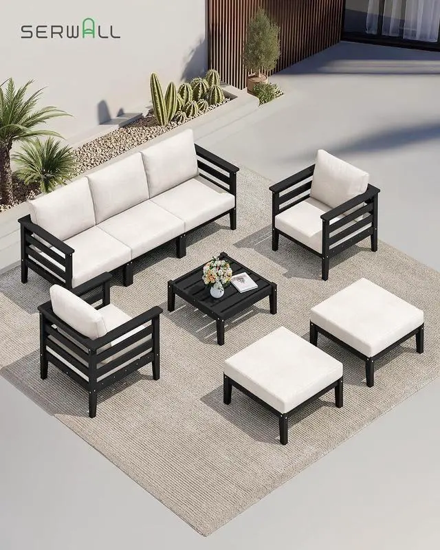 Alt view image 6 of 7 - HDPE Patio Furniture Set, 2 Pieces Outdoor Sectional Sofa Set, All-Weather Wood-Like Outdoor Loveseat for Deck, Lawn, Black Frame with Khaki Cushion