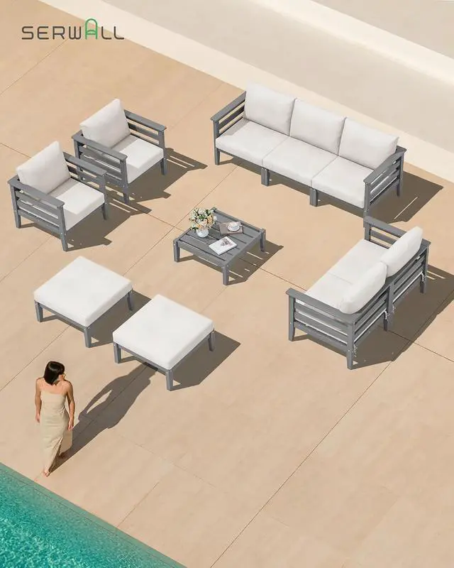 Alt view image 7 of 7 - HDPE Patio Furniture Set, 2 Pieces Outdoor Sectional Sofa Set, All-Weather Wood-Like Outdoor Sofa Couch with Coffee Table for Deck, Lawn, Grey Frame with Khaki Cushion