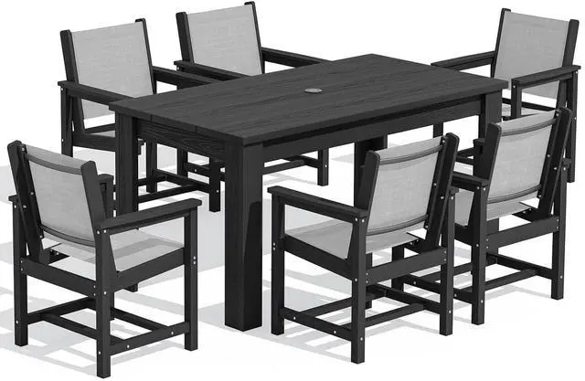 Main image of 7 Piece Outdoor Dining Sets with 1 Umbrella Hole Cut-Out Rectangular Table and 6 Textilene Chairs, HDPE Dining Sets for 6 Person, Black