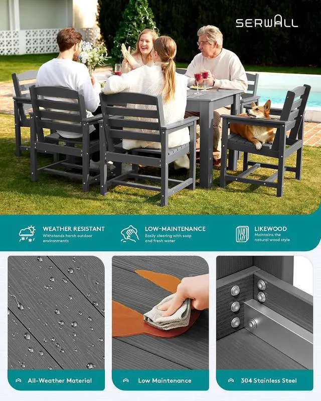Alt view image 6 of 6 - 7 Piece Outdoor Dining Sets with 1 Umbrella Hole Cut-Out Rectangular Table and 6 Textilene Chairs, HDPE Dining Sets for 6 Person, Black