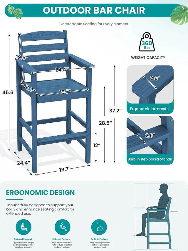 Alt view image 2 of 7 - Tall Adirondack Chairs Set of 2, Balcony Adirondack Chairs Set, Outdoor Bar Height Widened Chair Set for Bistro, Poolside, Garden, Blue