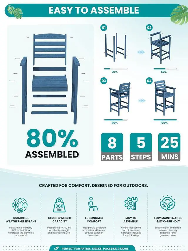 Alt view image 4 of 7 - Tall Adirondack Chairs Set of 2, Balcony Adirondack Chairs Set, Outdoor Bar Height Widened Chair Set for Bistro, Poolside, Garden, Blue