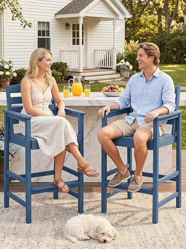 Alt view image 3 of 7 - Tall Adirondack Chairs Set of 2, Balcony Adirondack Chairs Set, Outdoor Bar Height Widened Chair Set for Bistro, Poolside, Garden, Blue