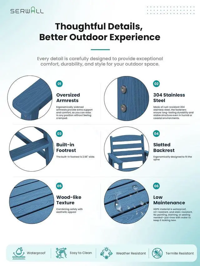 Alt view image 5 of 7 - Tall Adirondack Chairs Set of 2, Balcony Adirondack Chairs Set, Outdoor Bar Height Widened Chair Set for Bistro, Poolside, Garden, Blue