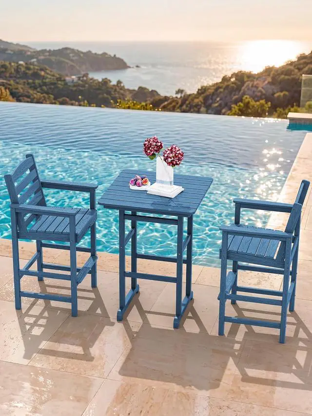 Alt view image 6 of 7 - Tall Adirondack Chairs Set of 2, Balcony Adirondack Chairs Set, Outdoor Bar Height Widened Chair Set for Bistro, Poolside, Garden, Blue