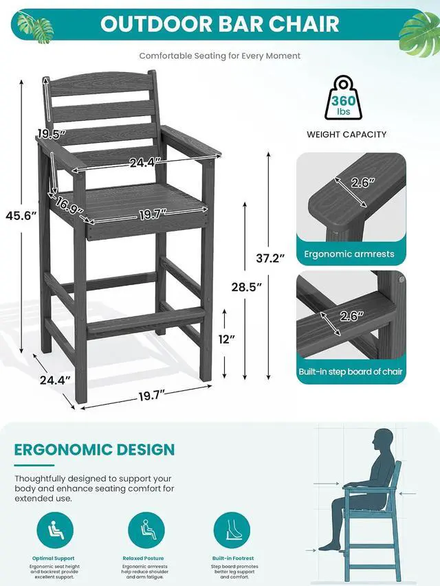 Alt view image 2 of 7 - Tall Adirondack Chairs Set of 2, Balcony Adirondack Chairs Set, Outdoor Bar Height Widened Chair Set for Bistro, Poolside, Garden, Grey