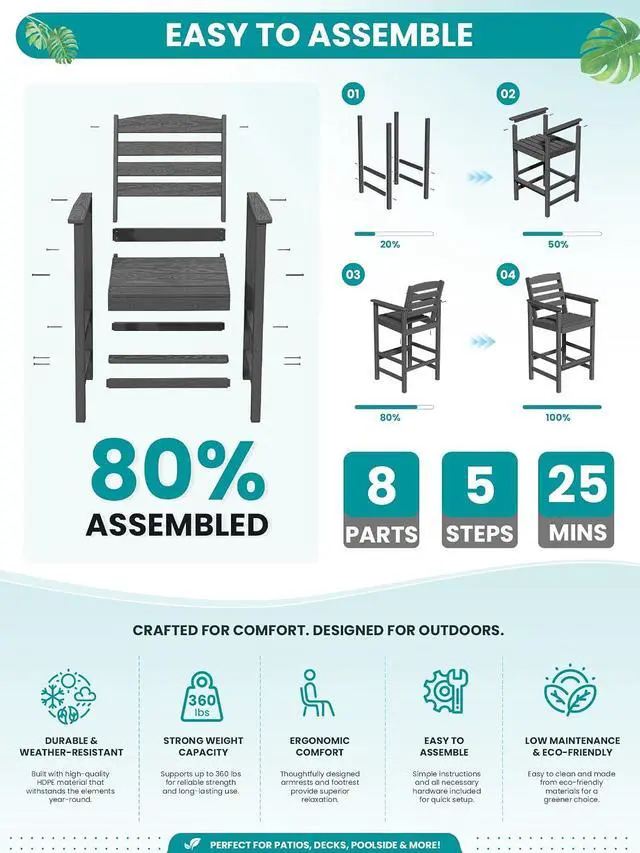 Alt view image 4 of 7 - Tall Adirondack Chairs Set of 2, Balcony Adirondack Chairs Set, Outdoor Bar Height Widened Chair Set for Bistro, Poolside, Garden, Grey