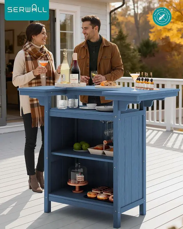 Alt view image 2 of 7 - Outdoor Bar Table,Patio Bar Cabinet with 4-Tier Storage and Spacious Tabletop for Outside,Poolside, Backyard,Made of HDPE,Blue