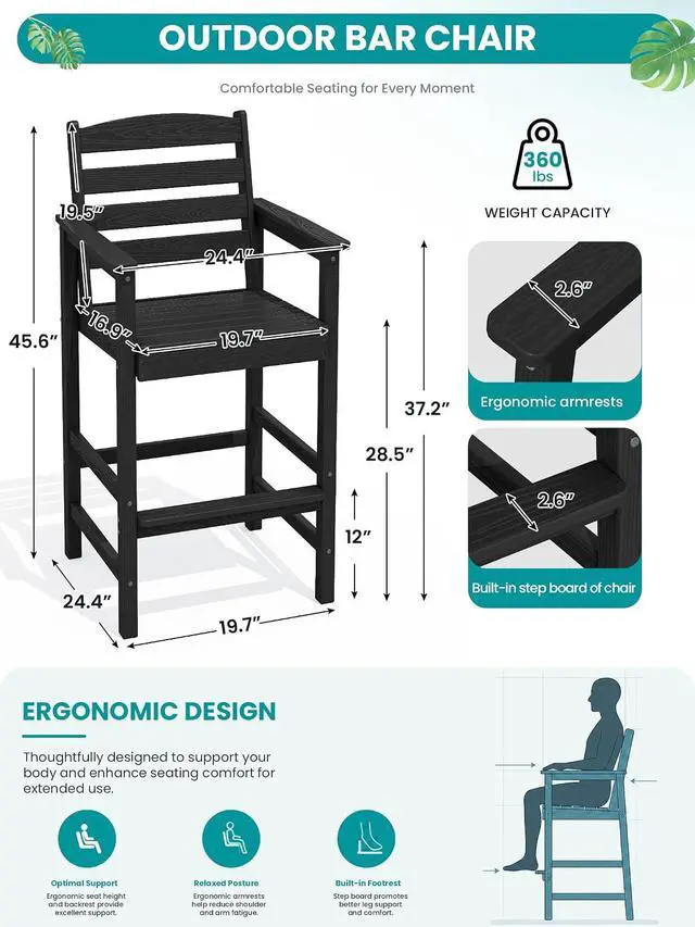 Alt view image 2 of 7 - Tall Adirondack Chairs Set of 2, Balcony Adirondack Chairs Set, Outdoor Bar Height Widened Chair Set for Bistro, Poolside, Garden, Black