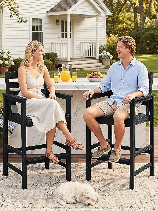 Alt view image 3 of 7 - Tall Adirondack Chairs Set of 2, Balcony Adirondack Chairs Set, Outdoor Bar Height Widened Chair Set for Bistro, Poolside, Garden, Black