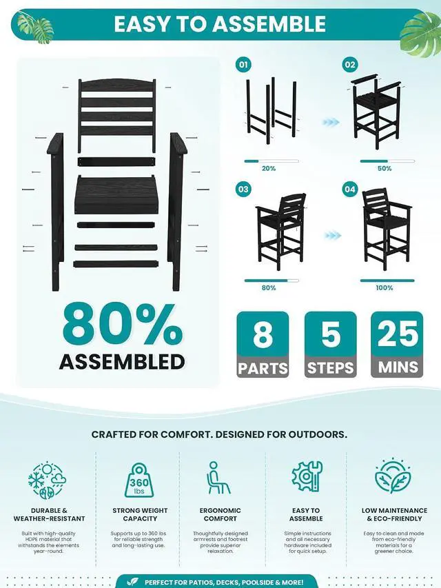 Alt view image 4 of 7 - Tall Adirondack Chairs Set of 2, Balcony Adirondack Chairs Set, Outdoor Bar Height Widened Chair Set for Bistro, Poolside, Garden, Black