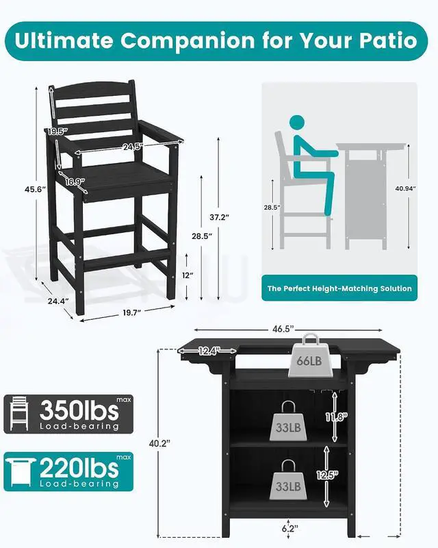 Alt view image 3 of 7 - Outdoor Bar Table Set (1 Table with 2 Chairs) HDPE Black Patio Bar Cabinet with 4-Tier Storage & Spacious Tabletop, Perfect for Outdoor, Poolside, Backyard