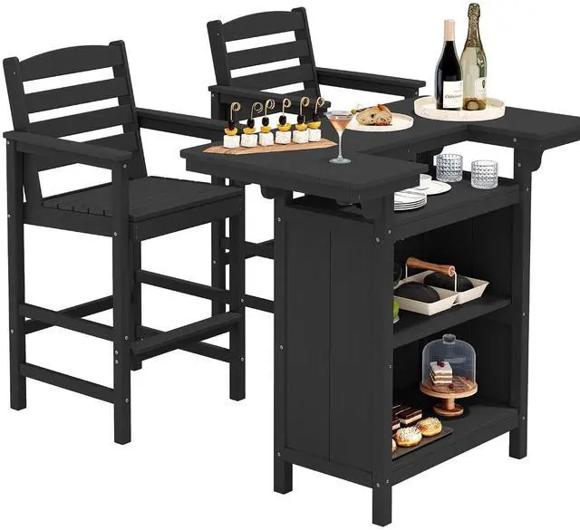 Main image of Outdoor Bar Table Set (1 Table with 2 Chairs) HDPE Black Patio Bar Cabinet with 4-Tier Storage & Spacious Tabletop, Perfect for Outdoor, Poolside, Backyard