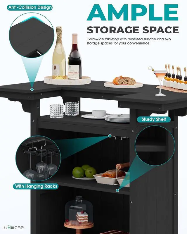 Alt view image 4 of 7 - Outdoor Bar Table Set (1 Table with 2 Chairs) HDPE Black Patio Bar Cabinet with 4-Tier Storage & Spacious Tabletop, Perfect for Outdoor, Poolside, Backyard