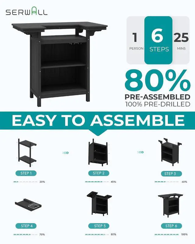Alt view image 7 of 7 - Outdoor Bar Table Set (1 Table with 2 Chairs) HDPE Black Patio Bar Cabinet with 4-Tier Storage & Spacious Tabletop, Perfect for Outdoor, Poolside, Backyard