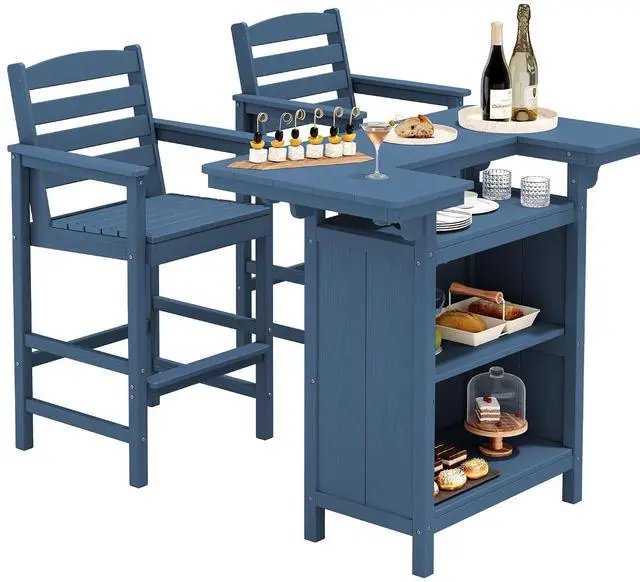 Main image of Outdoor Bar Table Set (1 Table with 2 Chairs) HDPE Blue Patio Bar Cabinet with 4-Tier Storage & Spacious Tabletop, Perfect for Outdoor, Poolside, Backyard