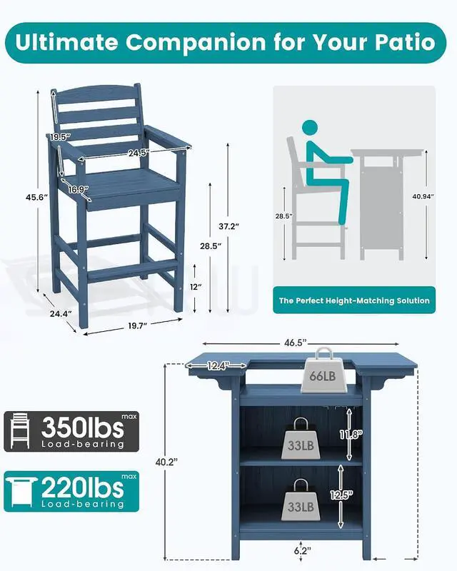 Alt view image 3 of 7 - Outdoor Bar Table Set (1 Table with 2 Chairs) HDPE Blue Patio Bar Cabinet with 4-Tier Storage & Spacious Tabletop, Perfect for Outdoor, Poolside, Backyard
