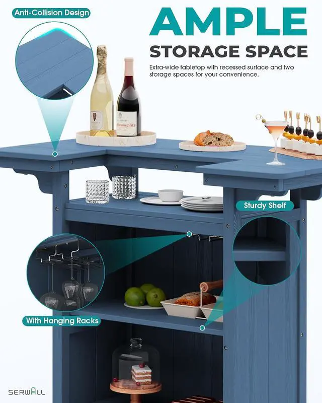 Alt view image 4 of 7 - Outdoor Bar Table,Patio Bar Cabinet with 4-Tier Storage and Spacious Tabletop for Outside,Poolside, Backyard,Made of HDPE,Blue