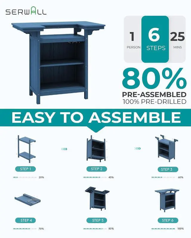 Alt view image 7 of 7 - Outdoor Bar Table,Patio Bar Cabinet with 4-Tier Storage and Spacious Tabletop for Outside,Poolside, Backyard,Made of HDPE,Blue