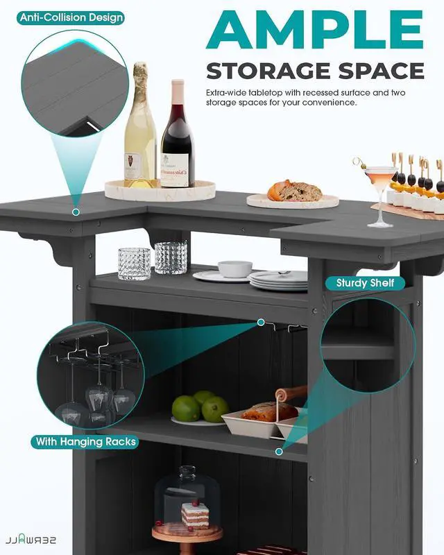 Alt view image 4 of 7 - Outdoor Bar Table,Patio Bar Cabinet with 4-Tier Storage and Spacious Tabletop for Outside,Poolside, Backyard,Made of HDPE,Gray