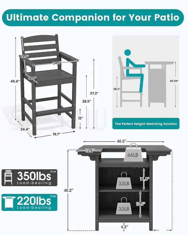 Alt view image 3 of 7 - Outdoor Bar Table,Patio Bar Cabinet with 4-Tier Storage and Spacious Tabletop for Outside,Poolside, Backyard,Made of HDPE,Gray