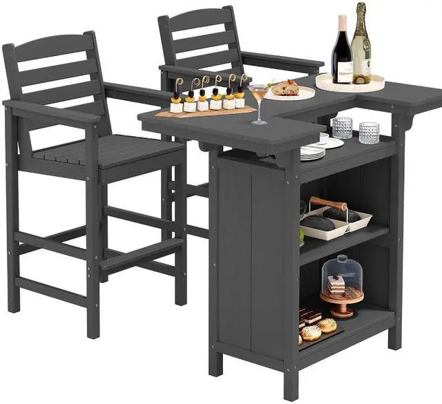 Main image of Outdoor Bar Table Set (1 Table with 2 Chairs) HDPE Grey Patio Bar Cabinet with 4-Tier Storage & Spacious Tabletop, Perfect for Outdoor, Poolside, Backyard