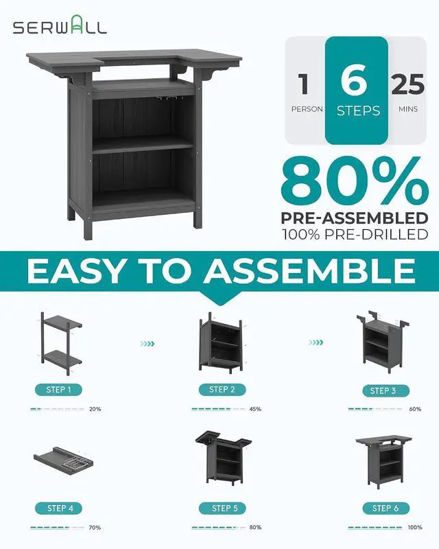 Alt view image 7 of 7 - Outdoor Bar Table,Patio Bar Cabinet with 4-Tier Storage and Spacious Tabletop for Outside,Poolside, Backyard,Made of HDPE,Gray