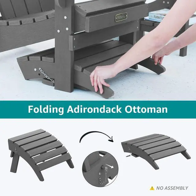Alt view image 3 of 7 - Folding Adirondack Ottoman for Adirondack Chair, No-Assembly Weather Resistance Outdoor Footstool, High Impact Polystyrene Folding Adirondack Footrest, Gray