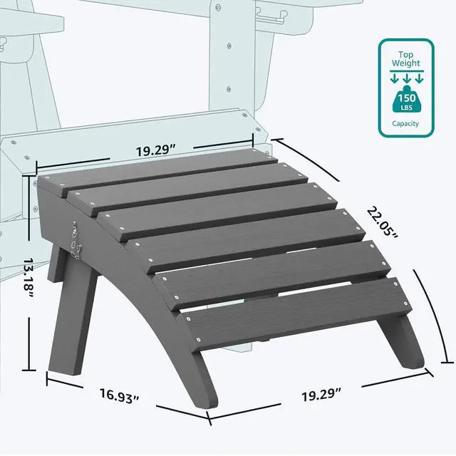 Alt view image 5 of 7 - Folding Adirondack Ottoman for Adirondack Chair, No-Assembly Weather Resistance Outdoor Footstool, High Impact Polystyrene Folding Adirondack Footrest, Gray