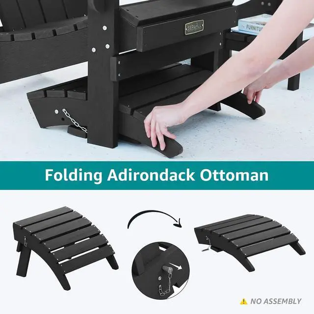 Alt view image 3 of 6 - Folding Adirondack Ottoman, No-Assembly Outdoor Footrest, All Weather Use Patio Footstool for Adirondack Chair, Black