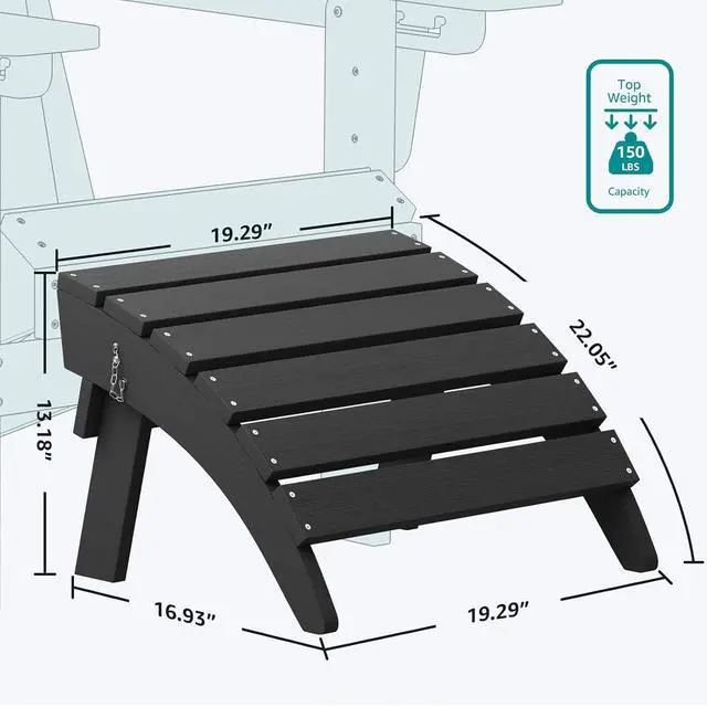 Alt view image 5 of 6 - Folding Adirondack Ottoman, No-Assembly Outdoor Footrest, All Weather Use Patio Footstool for Adirondack Chair, Black