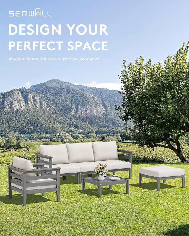 Alt view image 3 of 7 - HDPE Patio Furniture Set, 2 Pieces Outdoor Sectional Sofa Set, All-Weather Wood-Like Outdoor Sofa Couch with Coffee Table for Deck, Lawn, Grey Frame with Khaki Cushion
