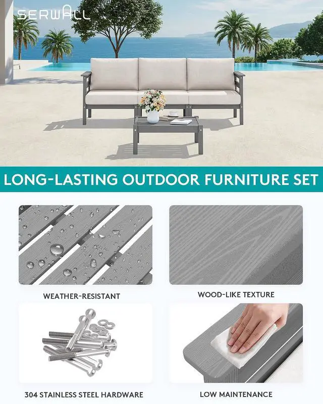 Alt view image 5 of 7 - HDPE Patio Furniture Set, 2 Pieces Outdoor Sectional Sofa Set, All-Weather Wood-Like Outdoor Sofa Couch with Coffee Table for Deck, Lawn, Grey Frame with Khaki Cushion
