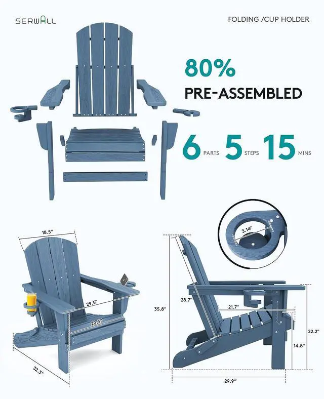 Alt view image 2 of 7 - Folding Adirondack Chairs, HDPE Adirondack Chairs Set of 4, Plastic Outdoor Chairs,Blue