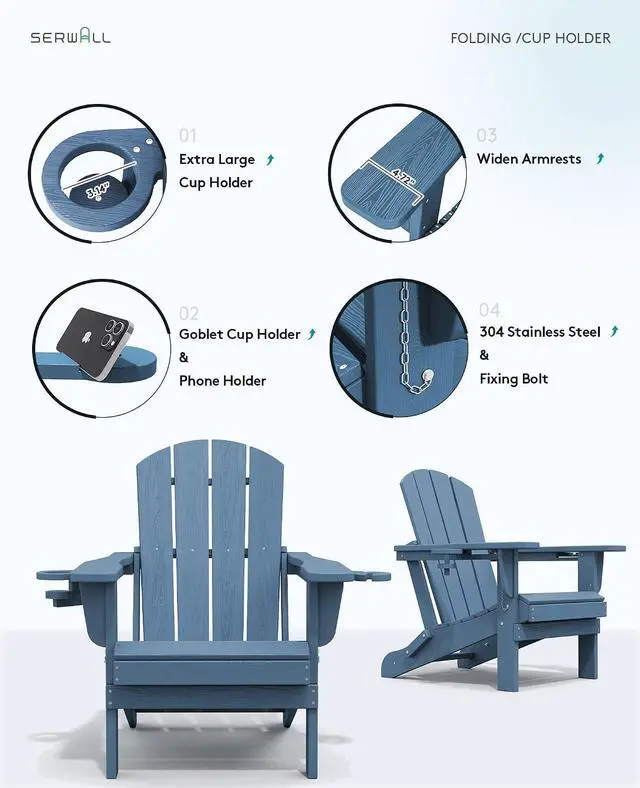 Alt view image 5 of 7 - Folding Adirondack Chairs, HDPE Adirondack Chairs Set of 4, Plastic Outdoor Chairs,Blue