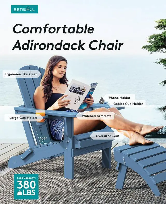 Alt view image 3 of 7 - Folding Adirondack Chairs, HDPE Adirondack Chairs Set of 4, Plastic Outdoor Chairs,Blue