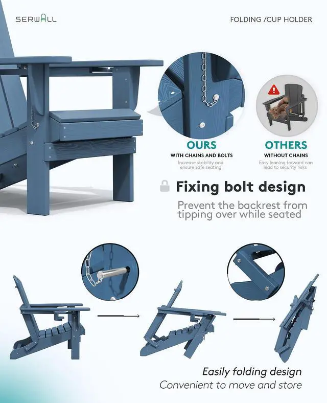 Alt view image 7 of 7 - Folding Adirondack Chairs, HDPE Adirondack Chairs Set of 4, Plastic Outdoor Chairs,Blue